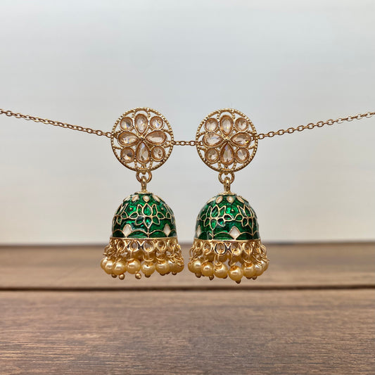 Meenakari Jhumka Earring in Deep Green