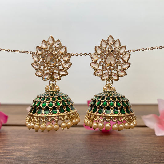 Leaf Top Meenakari Jhumka Earring in Deep Green