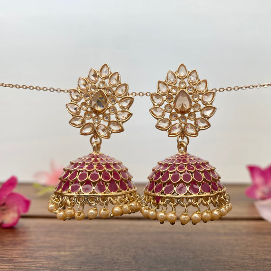 Leaf Top Meenakari Jhumka Earring in Wine