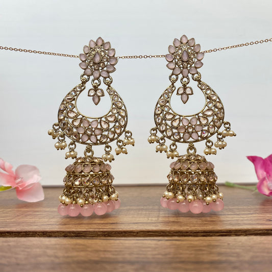 Chandbali Jhumka Earring in Baby Pink