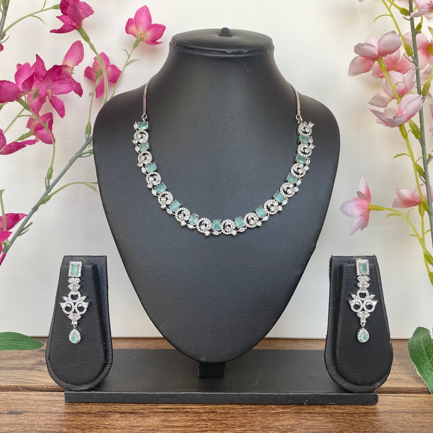 American Diamond Necklace Set in Mint