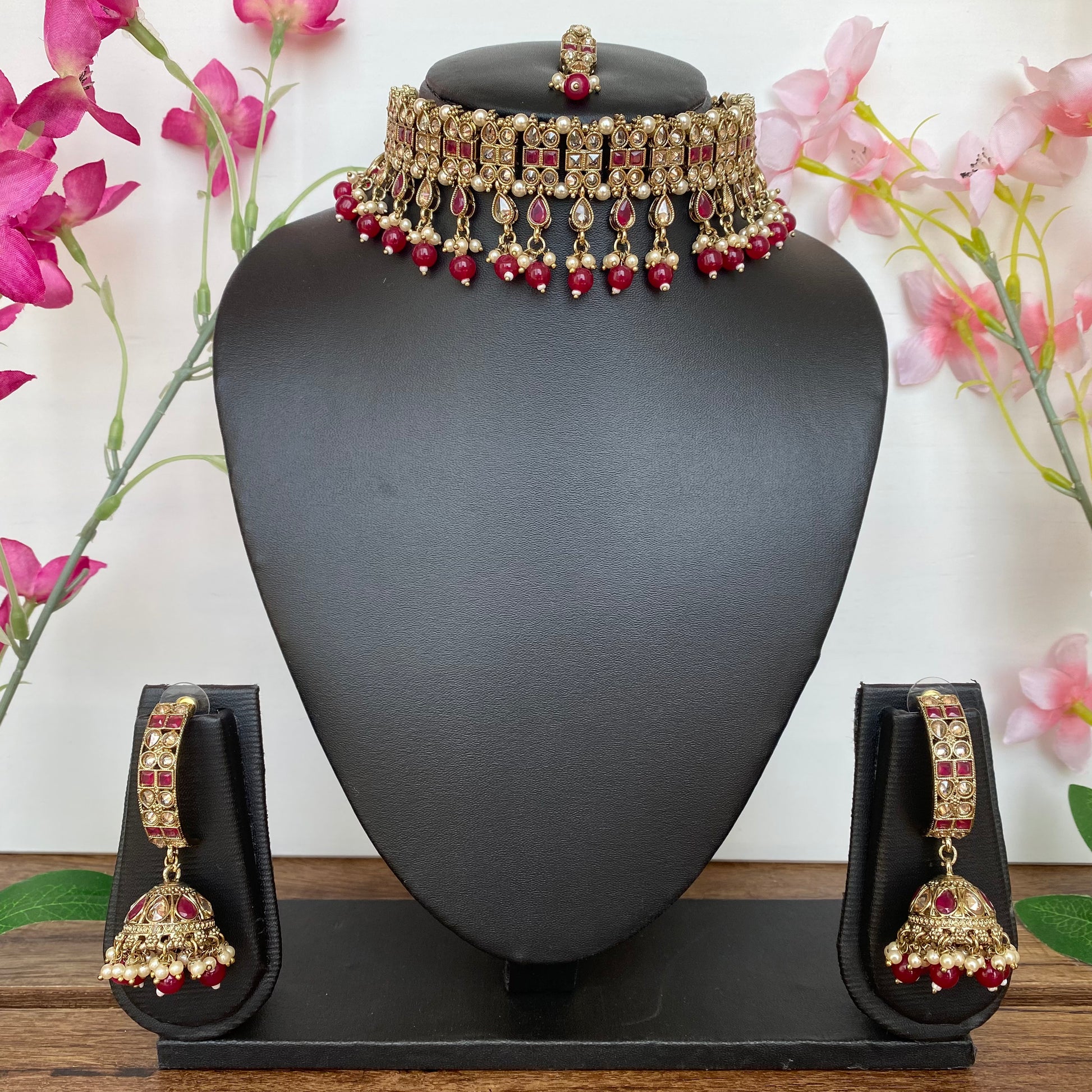 Indian Choker Necklace Set in Ruby