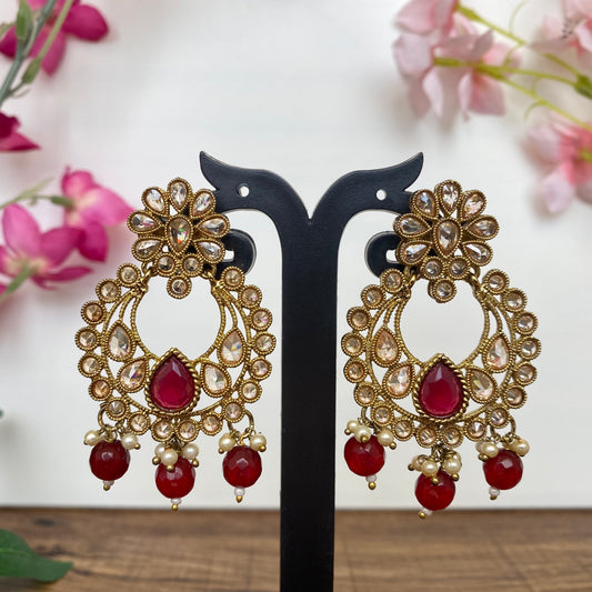 Three Drop Chandbali Earring in Red